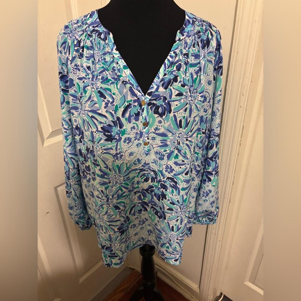 Lilly Pulitzer Elsa Top Silk Blouse Iris Blue High Manetenance Women's Large